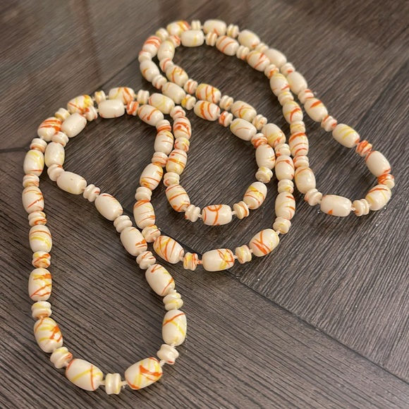 Vintage Beaded Necklace Ivory with Orange and Yellow Paint Splatter Design - Picture 13 of 13